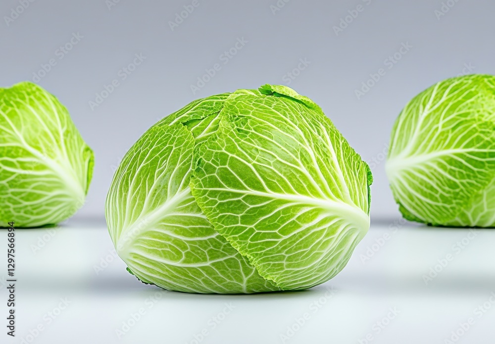 Fototapeta premium Three fresh green cabbages on a light gray background. The central cabbage is in focus, showcasing its texture and vibrant color. The other two are