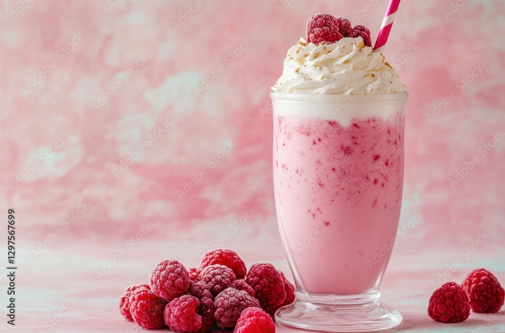 Refreshing raspberry milkshake recipe kitchen beverage bright pink background close-up indulgent treat Refreshing raspberry milkshake recipe kitchen beverage bright pink background close-up indulgent treat