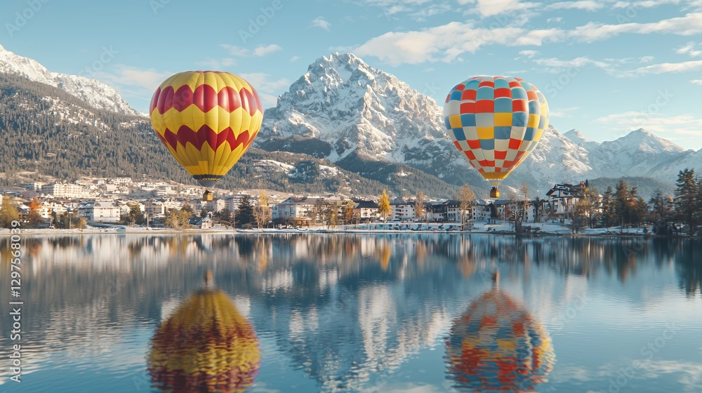 Fototapeta premium Two Hot Air Balloons Over Snowy Mountain Lake
