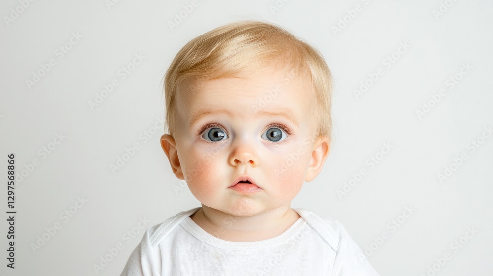 Baby portrait, curious expression, white background, studio shot, for parenting websites Baby portrait, curious expression, white background, studio shot, for parenting websites