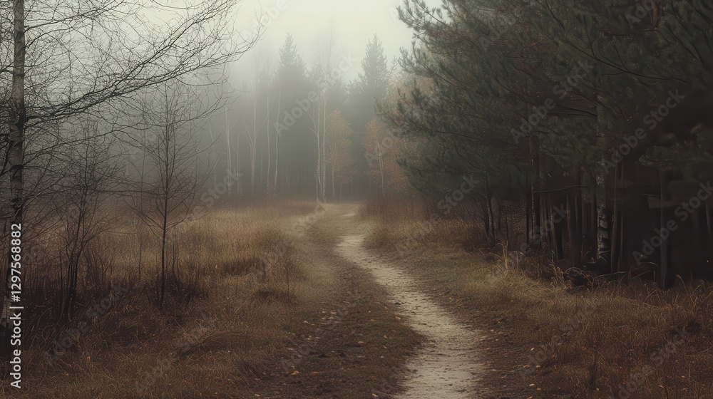 Naklejka premium Serene Misty Forest Pathway with Lush Green Trees and Foliage
