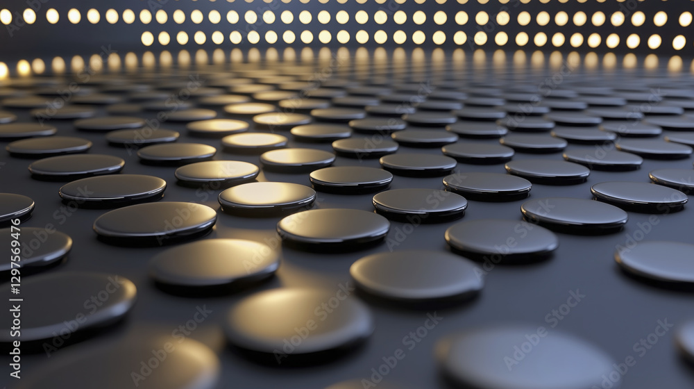 Fototapeta premium Futuristic surface with reflective black circular patterns and glowing lights creates modern and sleek visual effect