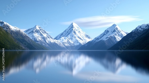 Wallpaper Mural Snow-capped mountain peaks reflect in calm lake under bright blue sky in a serene landscape Torontodigital.ca