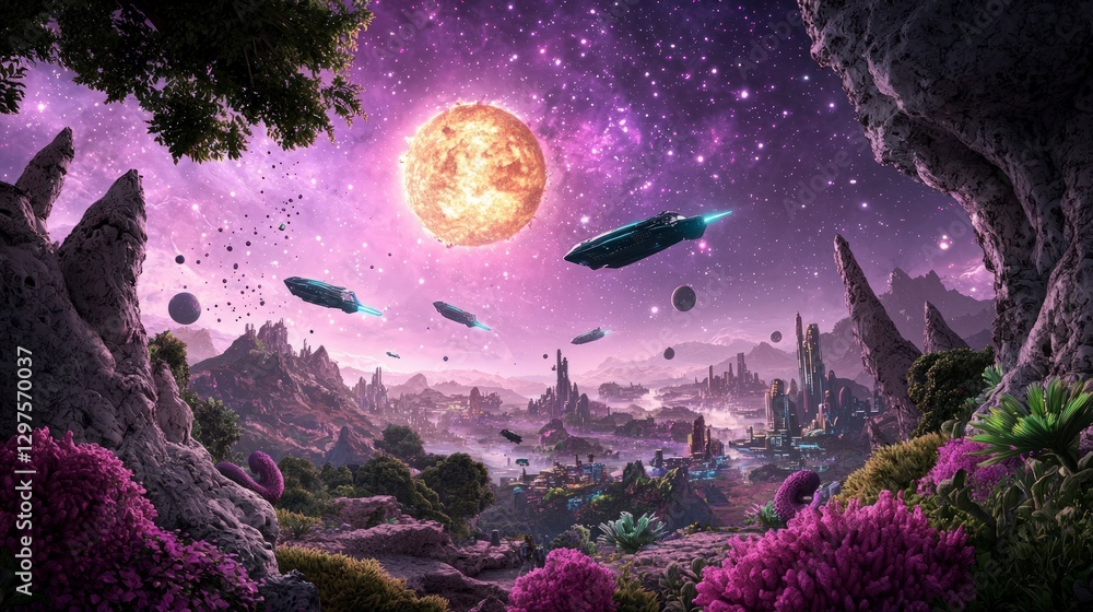 Obraz premium Futuristic Alien Cityscape Spaceships Nebula Purple Planet