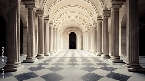 Grand Hallway with Classical Columns and Checkered Floor