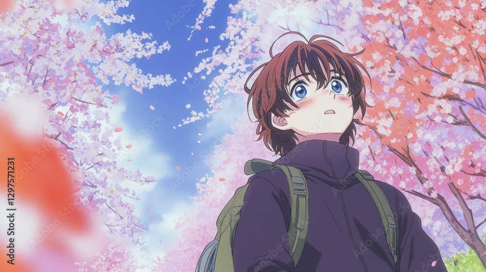 Obraz premium Anime Boy Cherry Blossoms Spring Pastel Backpack Youth Hopeful Dreamy Peaceful Sce