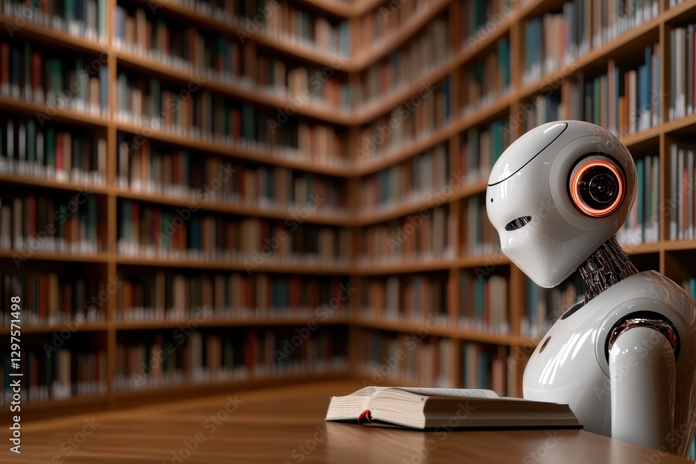 AI Robot Assisting Students in Library Setting with Books AI Robot Assisting Students in Library Setting with Books