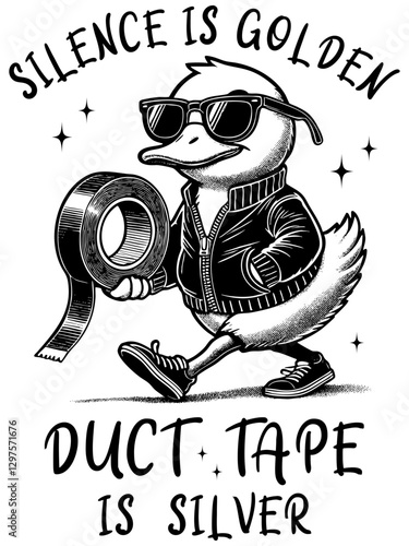 Duck is holding a roll of duct tape in his hand. Retro memes, Vintage style.