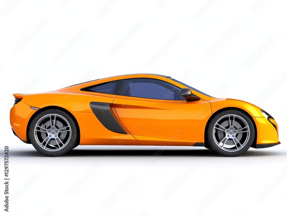 Orange sports car profile view on white background. Sleek design, aerodynamic lines, and shiny finish. Studio shot, side view, isolated Orange sports car profile view on white background. Sleek design, aerodynamic lines, and shiny finish. Studio shot, side view, isolated