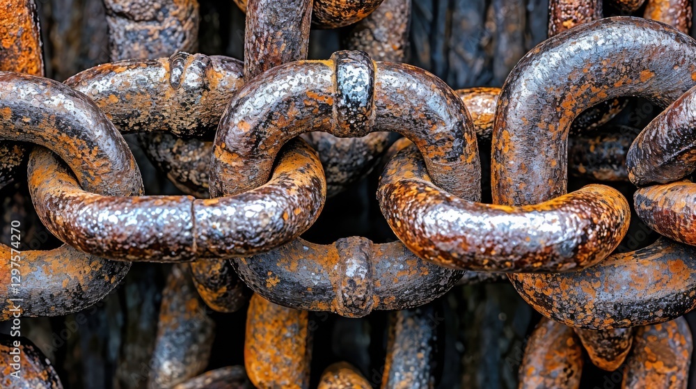 Close inspection of a series of interconnected rusted chains, showcasing their weathered surface and intricate details. Sunlight enhances the history reflected in their patina. Close inspection of a series of interconnected rusted chains, showcasing their weathered surface and intricate details. Sunlight enhances the history reflected in their patina.