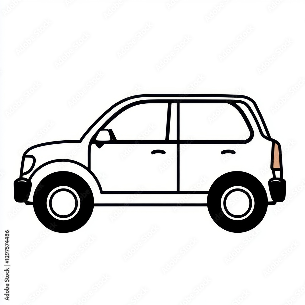 Simple line drawing of a white compact SUV, viewed from the side, against a white background. The car has black tires and a light brown rear light Simple line drawing of a white compact SUV, viewed from the side, against a white background. The car has black tires and a light brown rear light