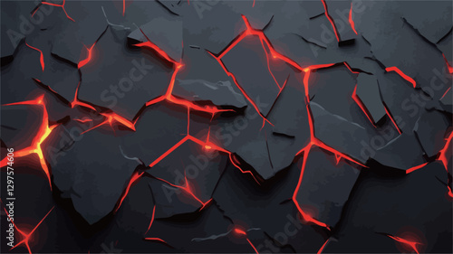 Close-up view of a textured surface resembling cracked dark grey and black rock with glowing red and orange lines and crevices emanating from within.  The texture is rough and irregular, with