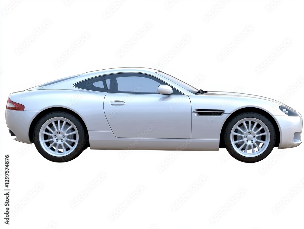 Silver luxury coupe, side profile view on white background. Sleek design, elegant lines, and sporty alloy wheels. Clean, studio lit image ideal for Silver luxury coupe, side profile view on white background. Sleek design, elegant lines, and sporty alloy wheels. Clean, studio lit image ideal for