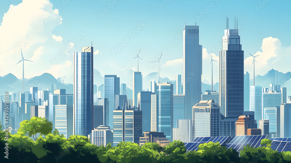 city skyline with tall, energy-efficient buildings, solar panels, and wind turbines integrated into the city’s infrastructure, showcasing sustainable urban planning city skyline with tall, energy-efficient buildings, solar panels, and wind turbines integrated into the city’s infrastructure, showcasing sustainable urban planning