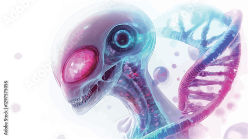 A digital illustration depicting a stylized alien head and neck, partially transparent, revealing internal structures reminiscent of both organic anatomy and technological components.  The color