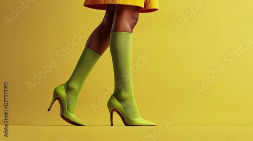 Fashionable Woman s Legs in Lime Green Heels   Socks