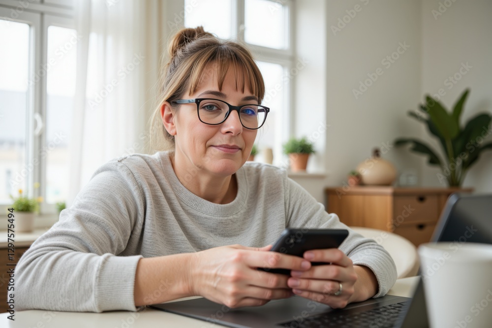 Middle-aged Caucasian woman with glasses using smartphone at home, reflecting on modern technology and daily life in a cozy living environment with plants Middle-aged Caucasian woman with glasses using smartphone at home, reflecting on modern technology and daily life in a cozy living environment with plants