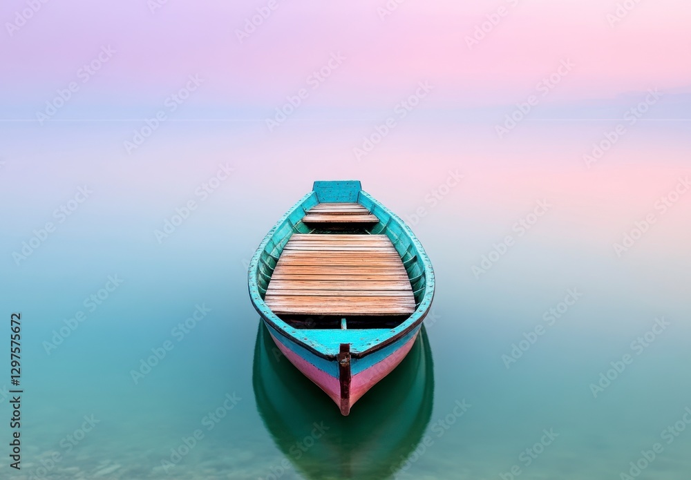 Obraz premium Small teal and pink wooden boat on calm water at sunrise, pastel sky colors, serene atmosphere, peaceful scene, reflection on water