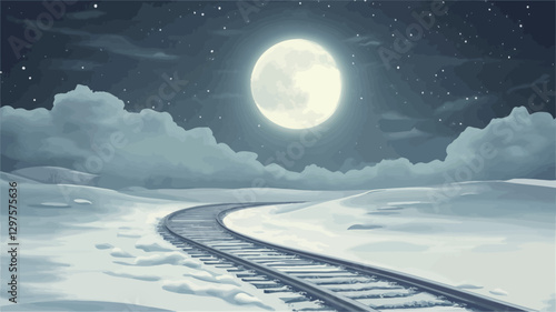 The image depicts a landscape photograph of a curving railroad track extending into a snowy field under a large, bright full moon at night. The sky is dark, with a few visible stars and some fluffy