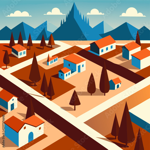 Top view of the endless image of the city in bright colours and geometric style. Houses, trees, roads, cars. Seamless pattern