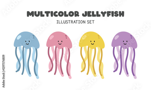 Jellyfish cartoon clipart. Cute multicolor compass jellyfishes vector illustration set in flat style. Animal in flat style. Sea animals concept isolated on white background