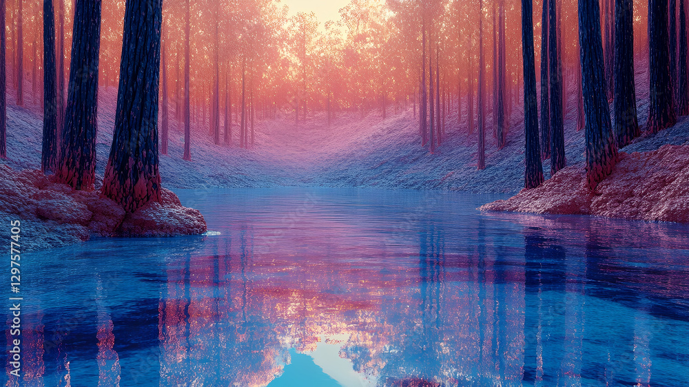 Obraz premium fractal and surreal landscape scene, Colorful rivers, upside down growing crystal forests reflect distorted starlight, 300dpi, illustration, pink and blue colors