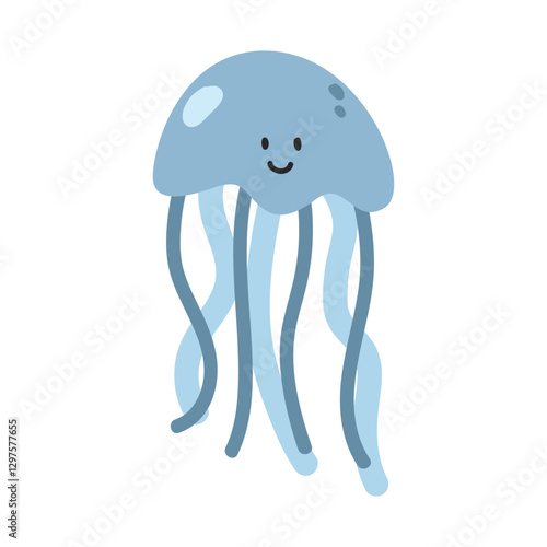 Jellyfish cartoon clipart. Cute blue compass jellyfish (Chrysaora hysoscella) vector illustration. Animal in flat style. Sea animals concept isolated on white background