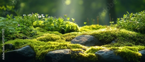 Sunlit moss and rocks in forest; nature background