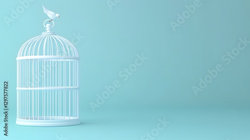 A serene white birdcage with a small bird perched on top against a soft blue background