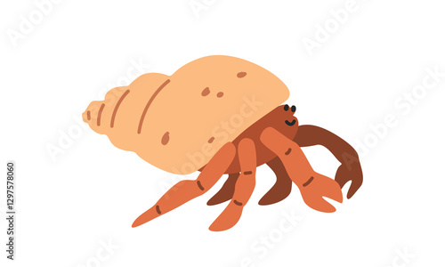 Hermit crab (Paguroidea) cartoon clipart. Cute shell-dwelling hermit crab vector illustration. Animal in flat style. Sea animals concept isolated on white background