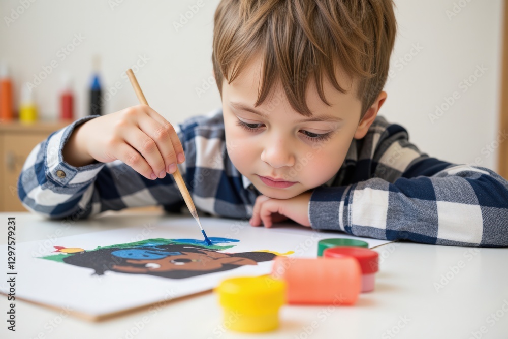 Young Caucasian Boy Engaged in Painting Activity with Watercolors at Home or School Environment, Focused on Creating Colorful Artwork on White Paper Young Caucasian Boy Engaged in Painting Activity with Watercolors at Home or School Environment, Focused on Creating Colorful Artwork on White Paper