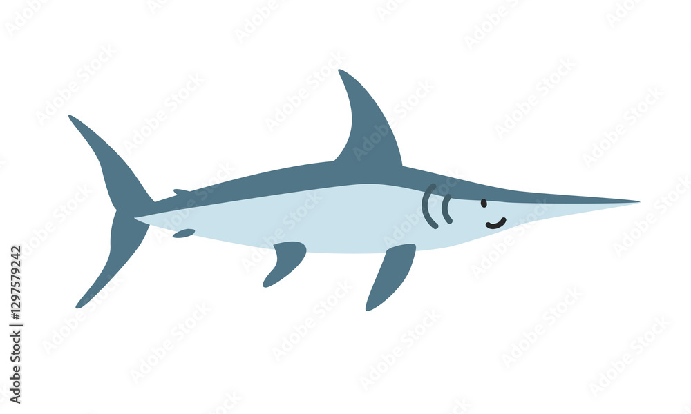 Obraz premium Swordfish cartoon clipart. Cute swordfish (Xiphias gladius) vector illustration. Animal in flat style. Sea animals concept isolated on white background