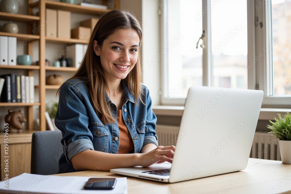 Young Woman Working Remotely at Home Office Desk with Laptop During Daylight in Cozy Modern Environment Young Woman Working Remotely at Home Office Desk with Laptop During Daylight in Cozy Modern Environment