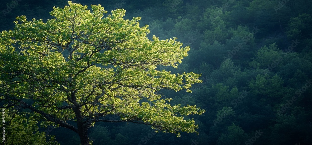 Sunlit tree in forest, nature background Sunlit tree in forest, nature background