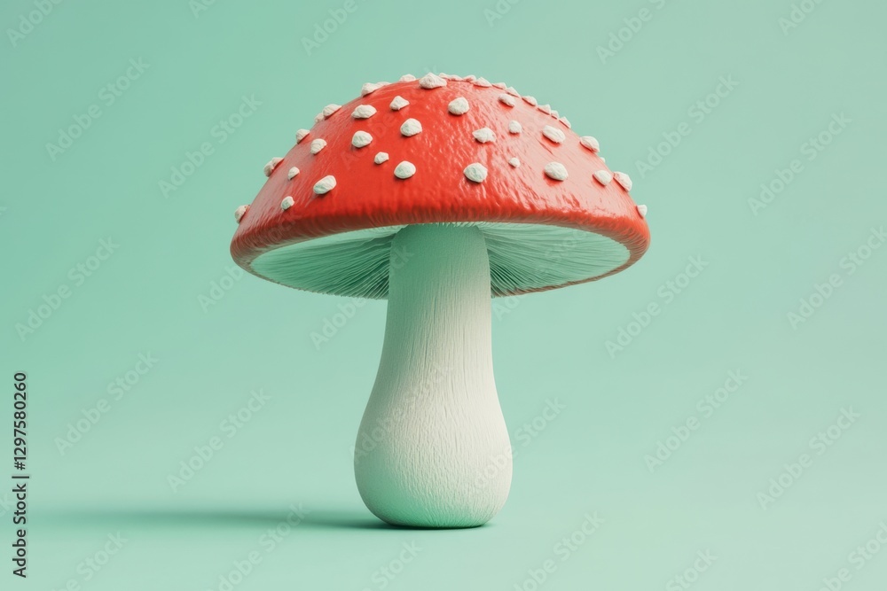 A brightly colored red and white mushroom on a green background A brightly colored red and white mushroom on a green background