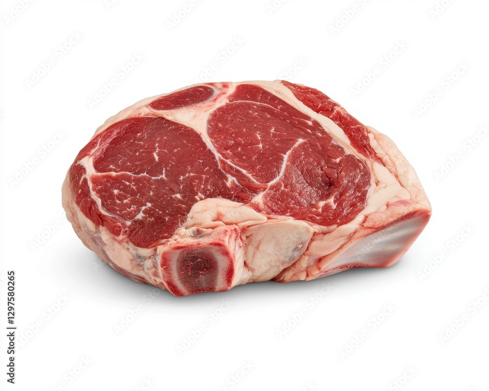 Fototapeta premium Raw red beef steak on white background, close up view showing marbling and bone. High quality image of a single cut of meat, ideal for culinary or