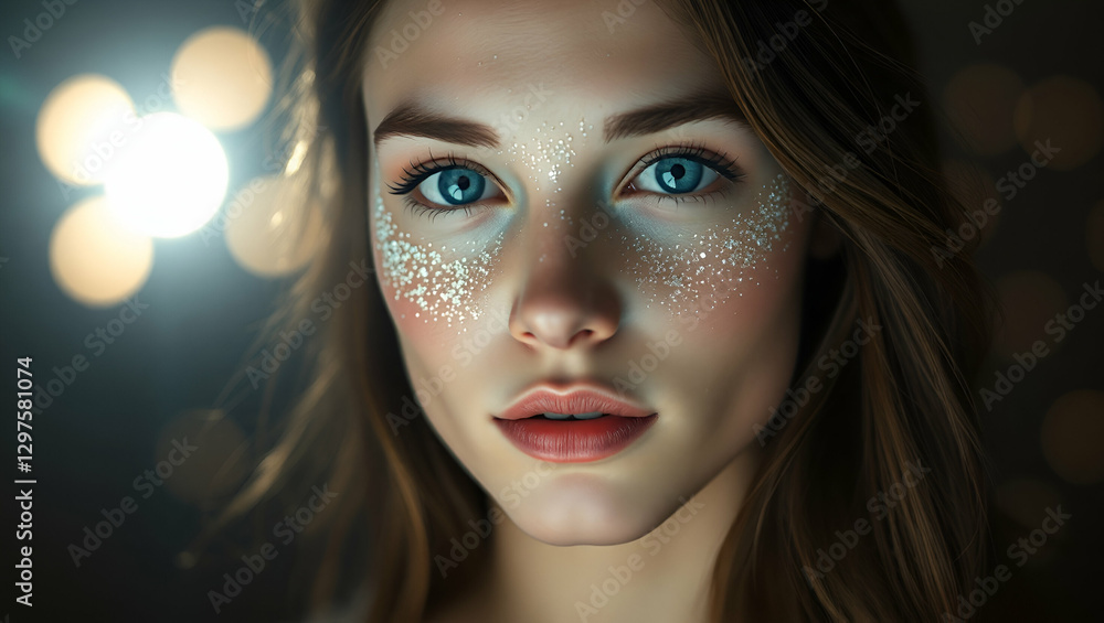 young woman with a glowing, ethereal complexion, covered in sparkling glitter. She has fair skin, full lips, and long, wavy brown hair young woman with a glowing, ethereal complexion, covered in sparkling glitter. She has fair skin, full lips, and long, wavy brown hair