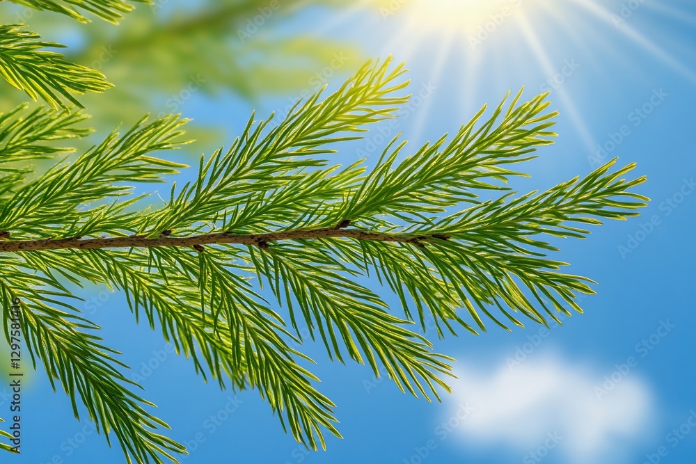 Sunny spring day, pine branch close-up, blue sky. Nature background for websites Sunny spring day, pine branch close-up, blue sky. Nature background for websites