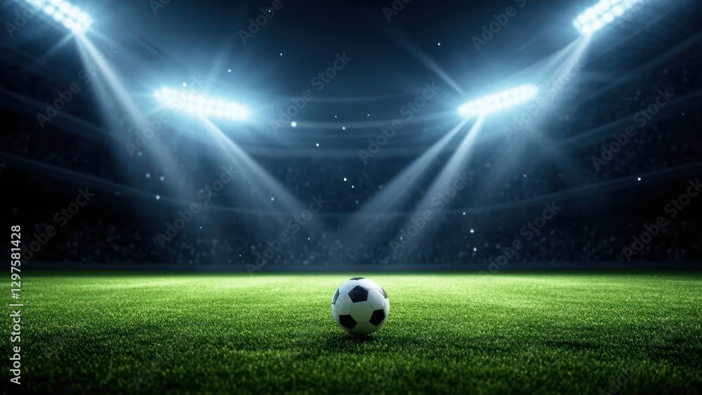 Fototapeta premium Night Football Game: Soccer Ball Under Stadium Lights