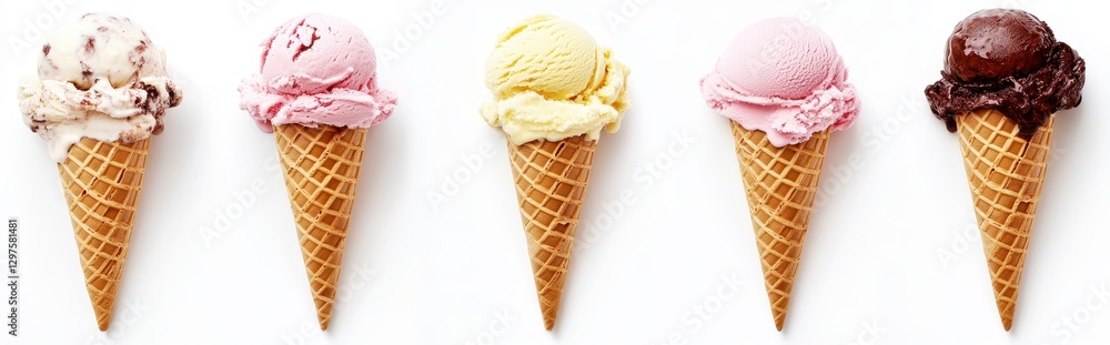 Five Colorful Ice Cream Cones on White Background Five Colorful Ice Cream Cones on White Background