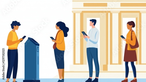 A group of four individuals stands in line, each using a smartphone, near a kiosk or informational display in a stylish, modern environment.