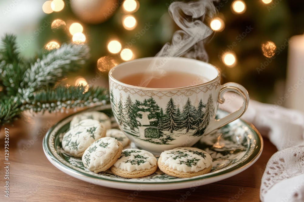 cozy holiday scene featuring a steaming cup of tea, cookies, and a lit Christmas tree in the background, Generative AI cozy holiday scene featuring a steaming cup of tea, cookies, and a lit Christmas tree in the background, Generative AI