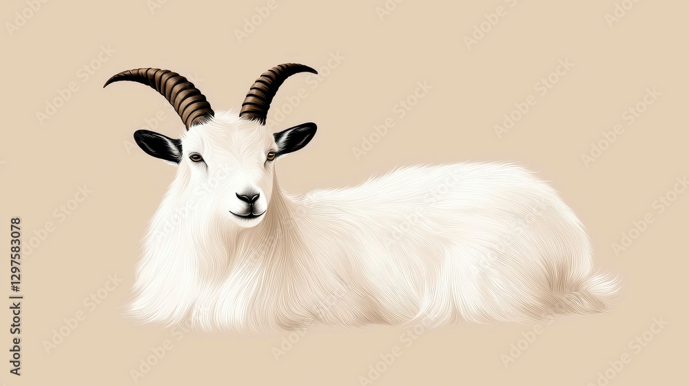 Fototapeta premium Graceful White Mountain Goat with Curving Horns Relaxing Posing Calmly Animal Wildlife Art