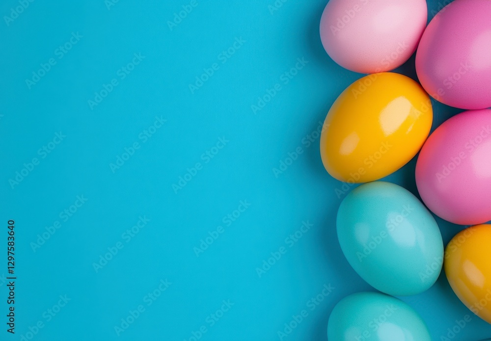 Pastel pink, yellow, and blue eggs arranged on a light blue background, leaving ample copy space. Perfect for Easter or spring themes Pastel pink, yellow, and blue eggs arranged on a light blue background, leaving ample copy space. Perfect for Easter or spring themes