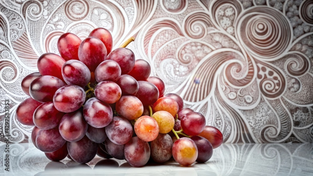A cluster of ripe red grapes rests on a reflective surface against a backdrop of an ornate, swirling pattern A cluster of ripe red grapes rests on a reflective surface against a backdrop of an ornate, swirling pattern