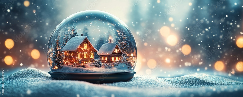3D-rendered snow globe with a festive winter village inside, glowing warmly against a blurred background, Generative AI 3D-rendered snow globe with a festive winter village inside, glowing warmly against a blurred background, Generative AI