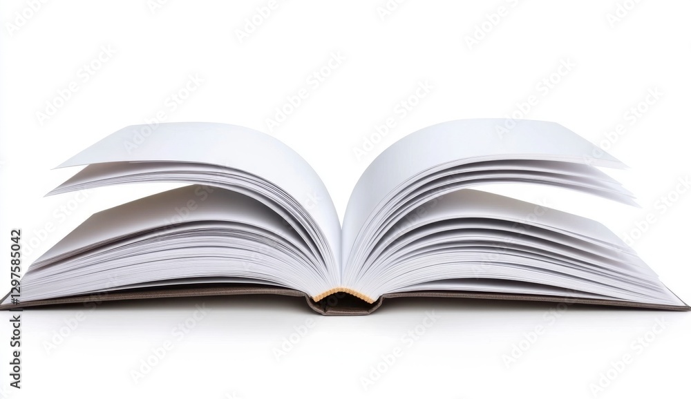 Open book with blank white pages, showcasing the texture of paper and the pages' curvature. Shot on a white background, highlighting the book's Open book with blank white pages, showcasing the texture of paper and the pages' curvature. Shot on a white background, highlighting the book's