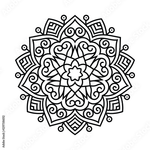 An intricate mandala illustration with floral and geometric patterns, rendered in black and white illustration. Ideal for coloring or decor.