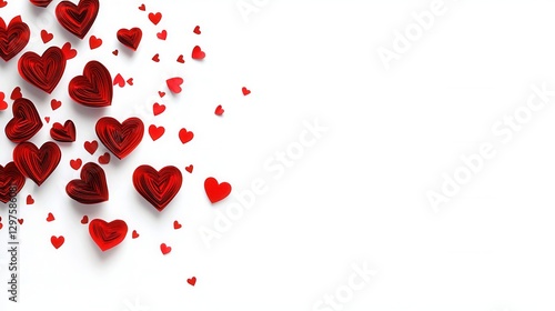 Red Paper Hearts Scattered On White Background Romantic Festive Design 2024 Celebration Design For