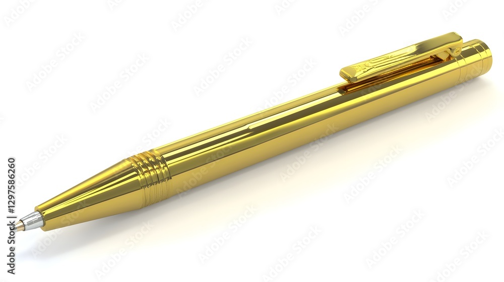 A sleek golden pen resting on a white surface, showcasing its reflective design and elegance A sleek golden pen resting on a white surface, showcasing its reflective design and elegance